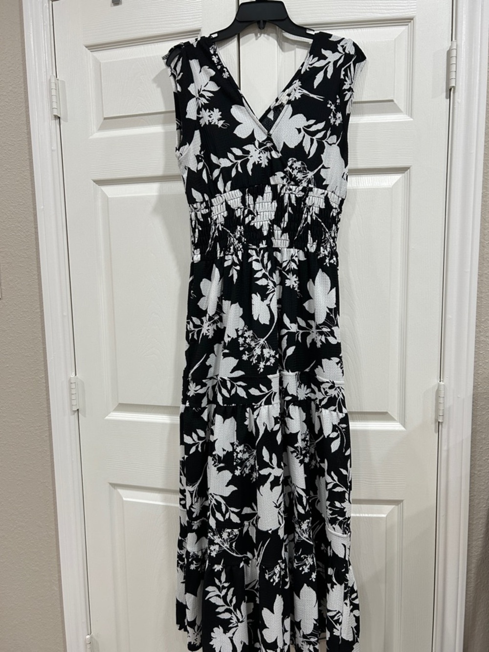 Cato Black & White Floral Maxi Dress with Smocked Waist